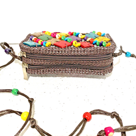 Boho Tribal Beaded Crossbody Bag Mini Purse Wallet Double Zippers Colorful Beads - Picture 3 of 9